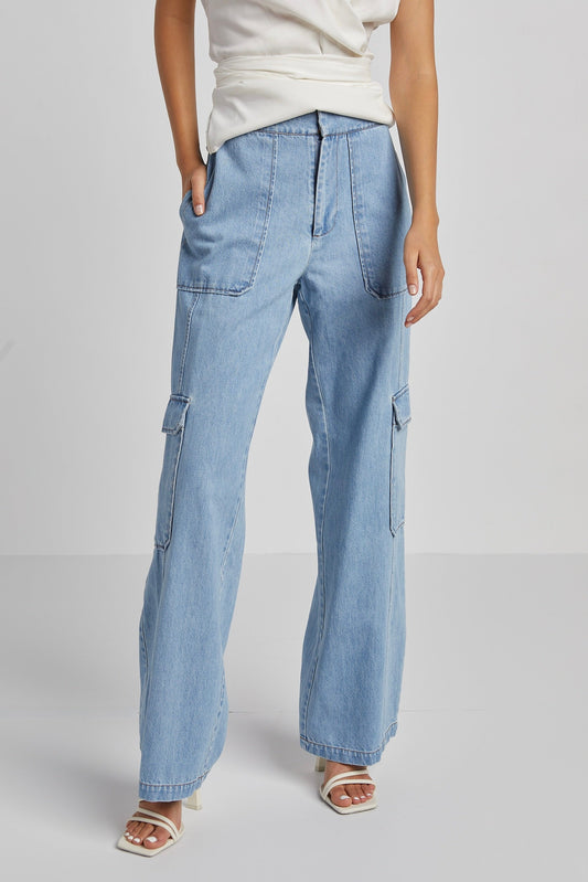 Nolan High Waisted Slightly Wide Leg Denim Cargo Pant