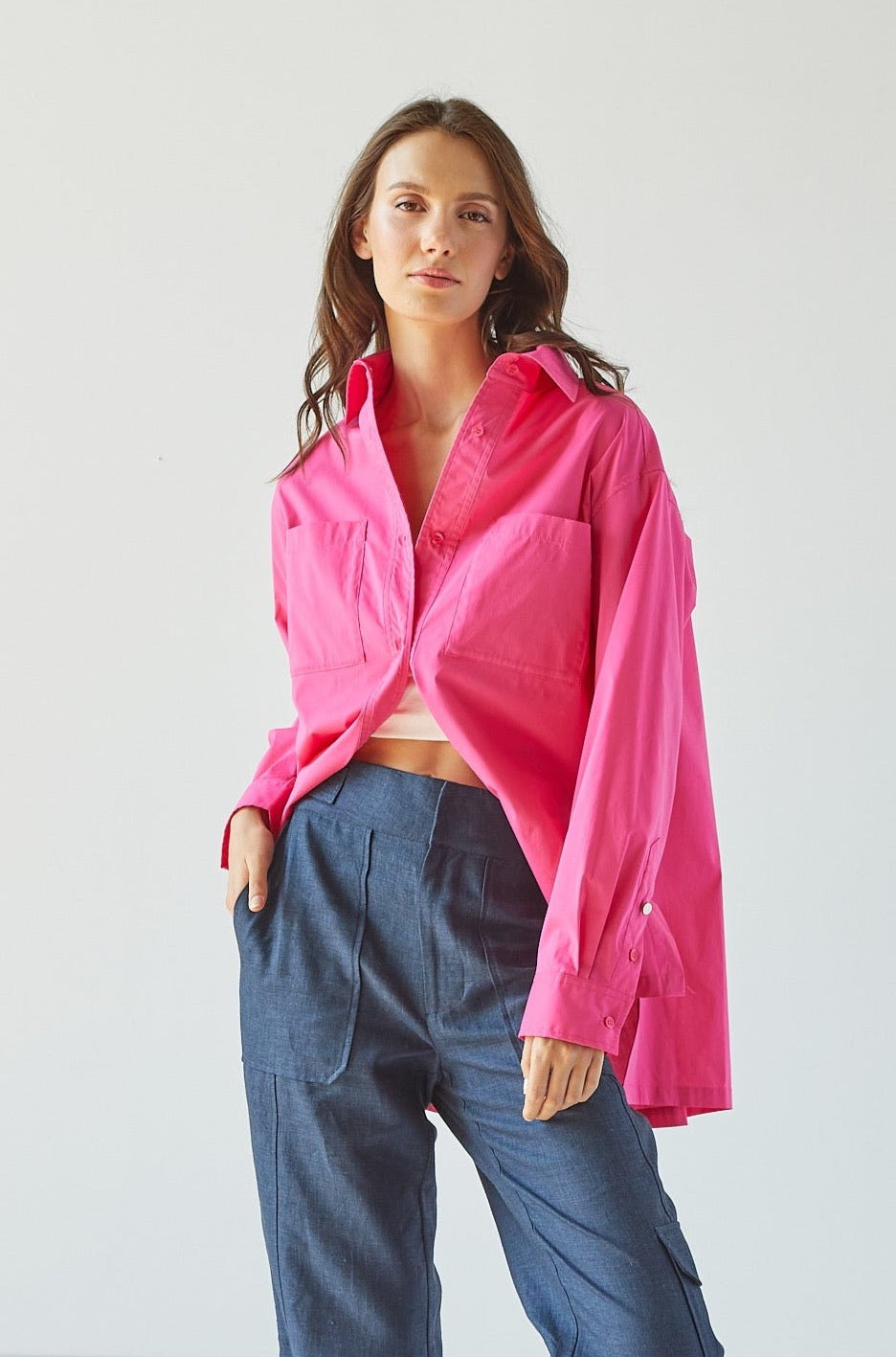 Nubia Button Down Stretch Shirt W/ High Low Hem