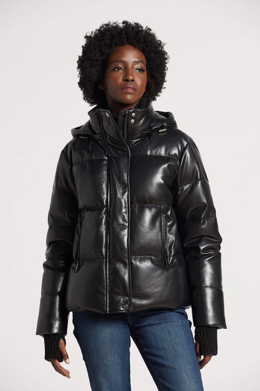 Paloma Vegan Leather Down Coat W/ Detachable Hood & Angora Knit Trim