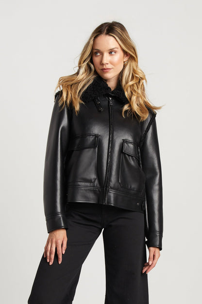 Parker Bonded Vegan Leather Aviator Jacket W/ Collar Snap Closure