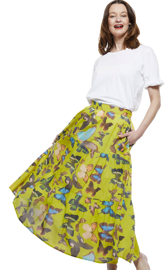 Woodstock Skirt In Chartreuse With Butterflies