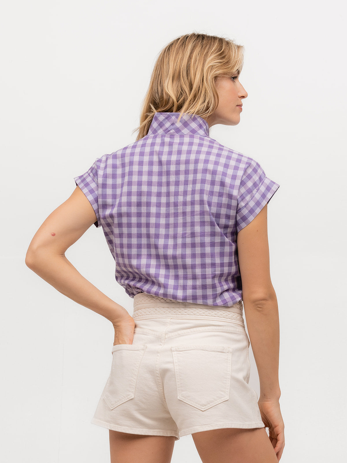 Back of designer lavender gingham cap sleeve top