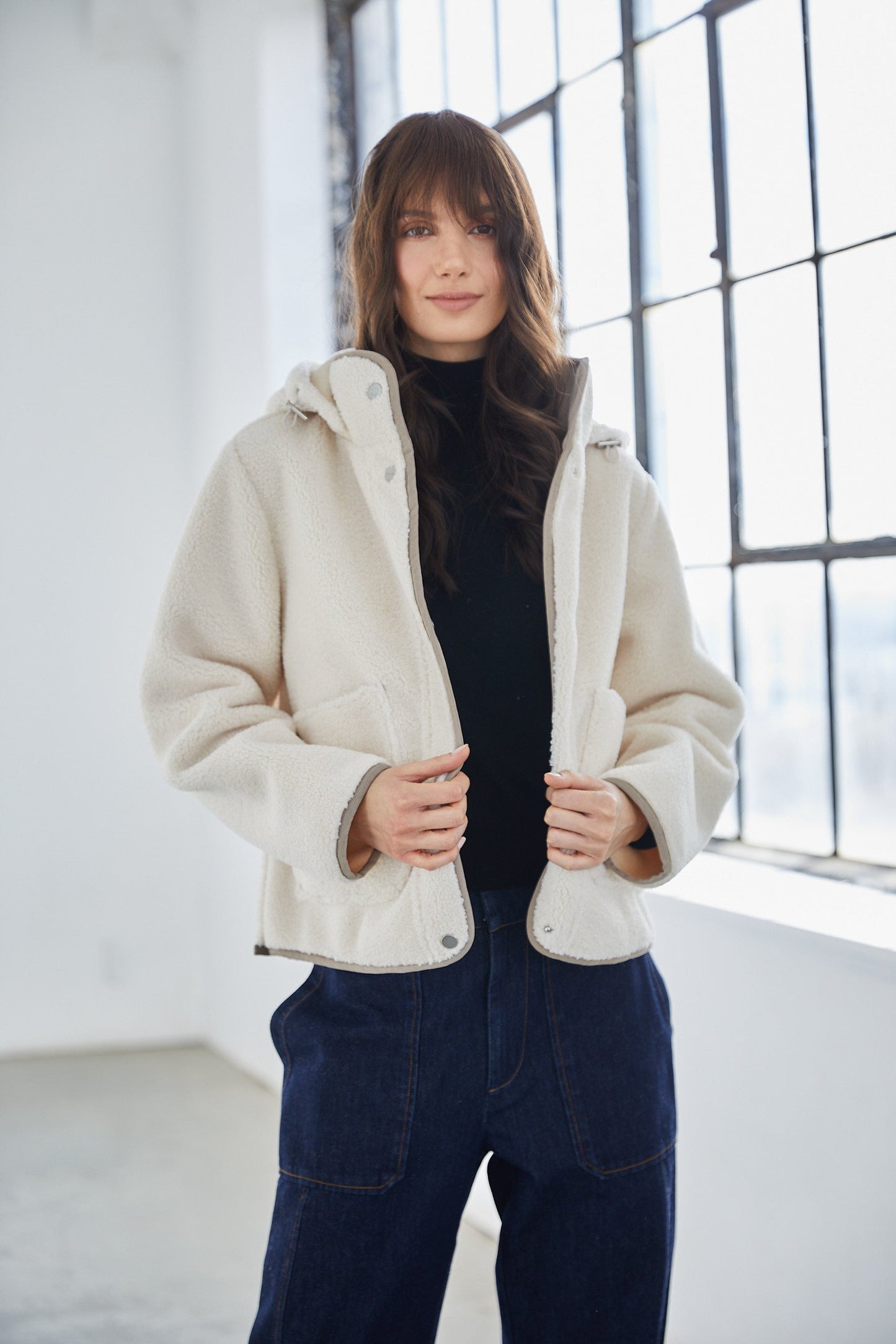 Sydney Faux Shearling Jacket W/ Detachable Hood & Taupe Accent Details