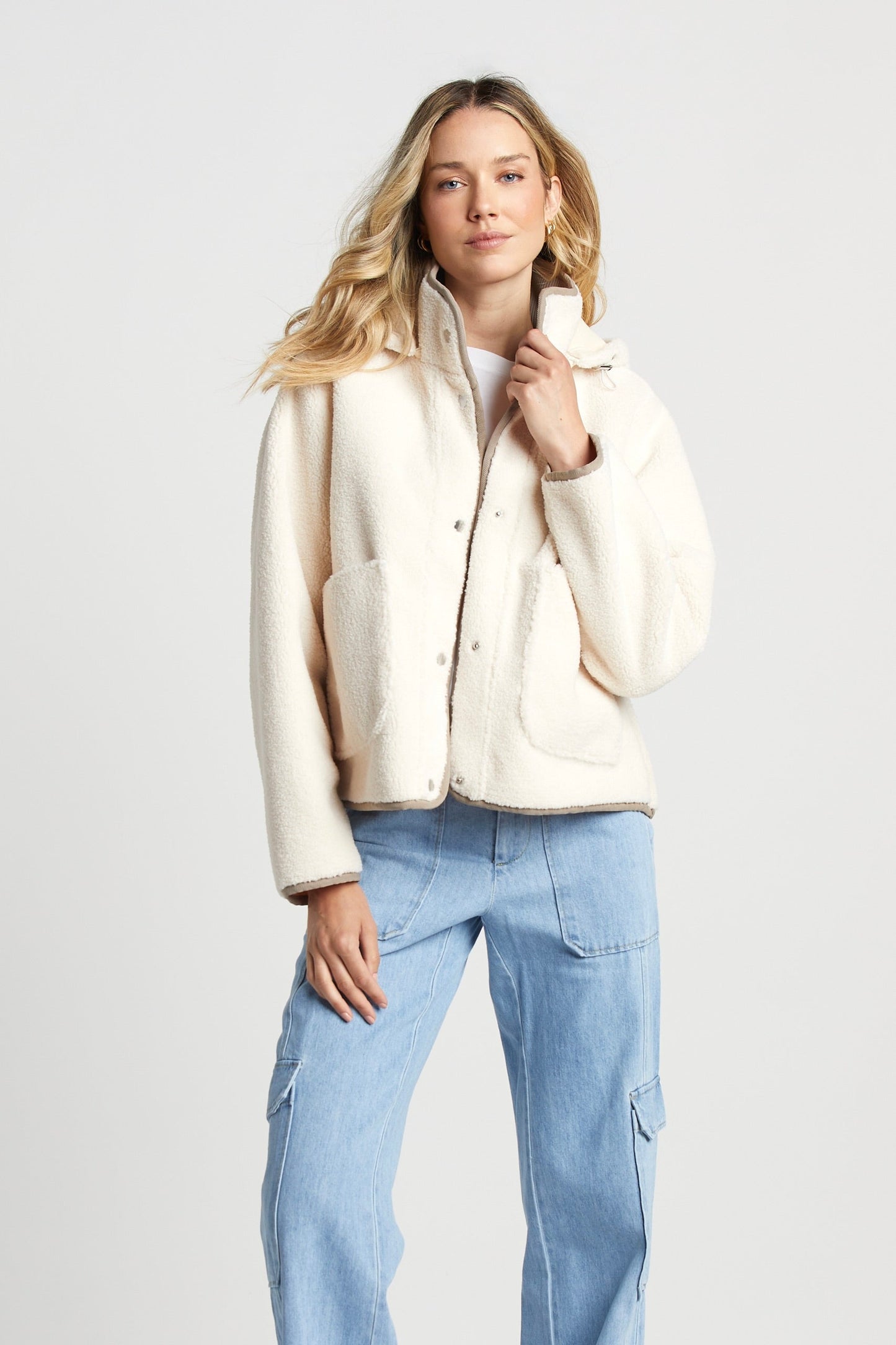 Sydney Faux Shearling Jacket W/ Detachable Hood & Taupe Accent Details