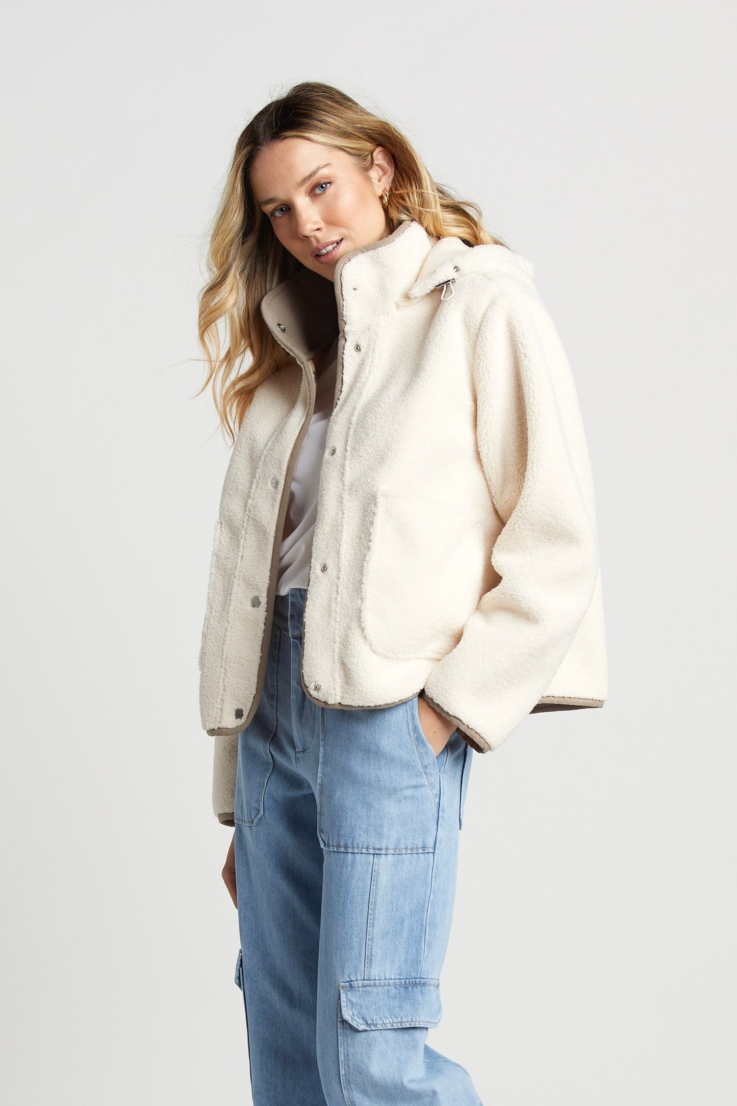 Sydney Faux Shearling Jacket W/ Detachable Hood & Taupe Accent Details