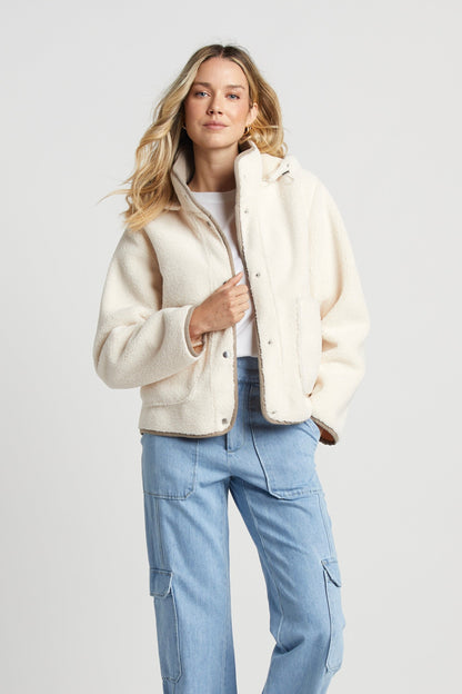 Sydney Faux Shearling Jacket W/ Detachable Hood & Taupe Accent Details