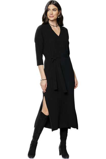 Gabriella Vertical Rib-Knit 3/4 Sleeved Midi Dress; Black