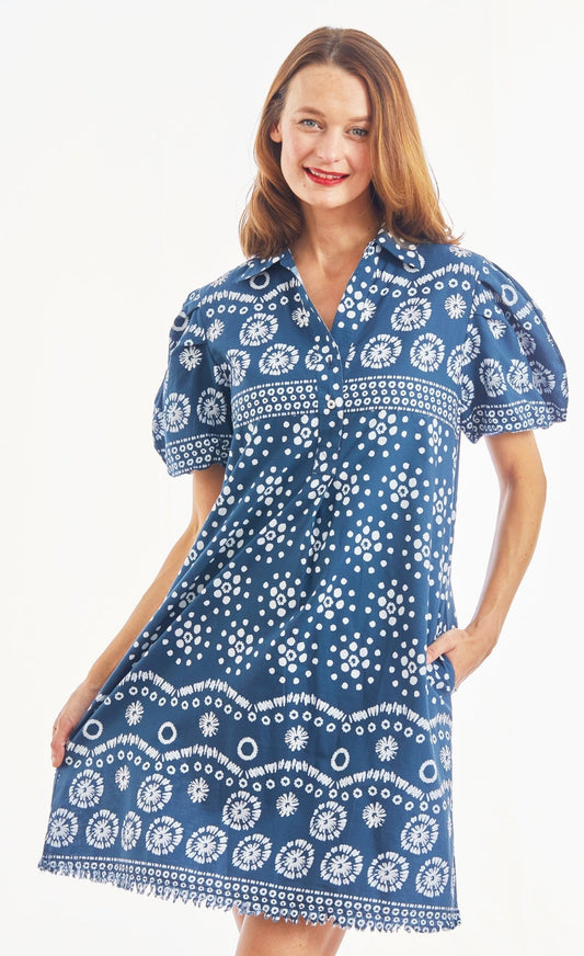 Beaufort Dress Puff Sleeve Ikat Print - DIZZY LIZZIE - Banebrook Collections