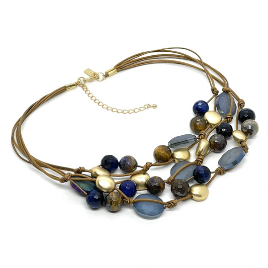 Matte Blue Crystal And Blue And Brown Tigers Eye Torsade Necklace