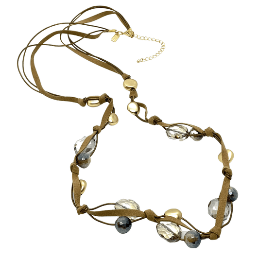 Blue Cream Tigers Eye And Champagne Crystal Long Necklace On Bronze Linen And Leather - DEBORAH GRIVAS - Banebrook Collections