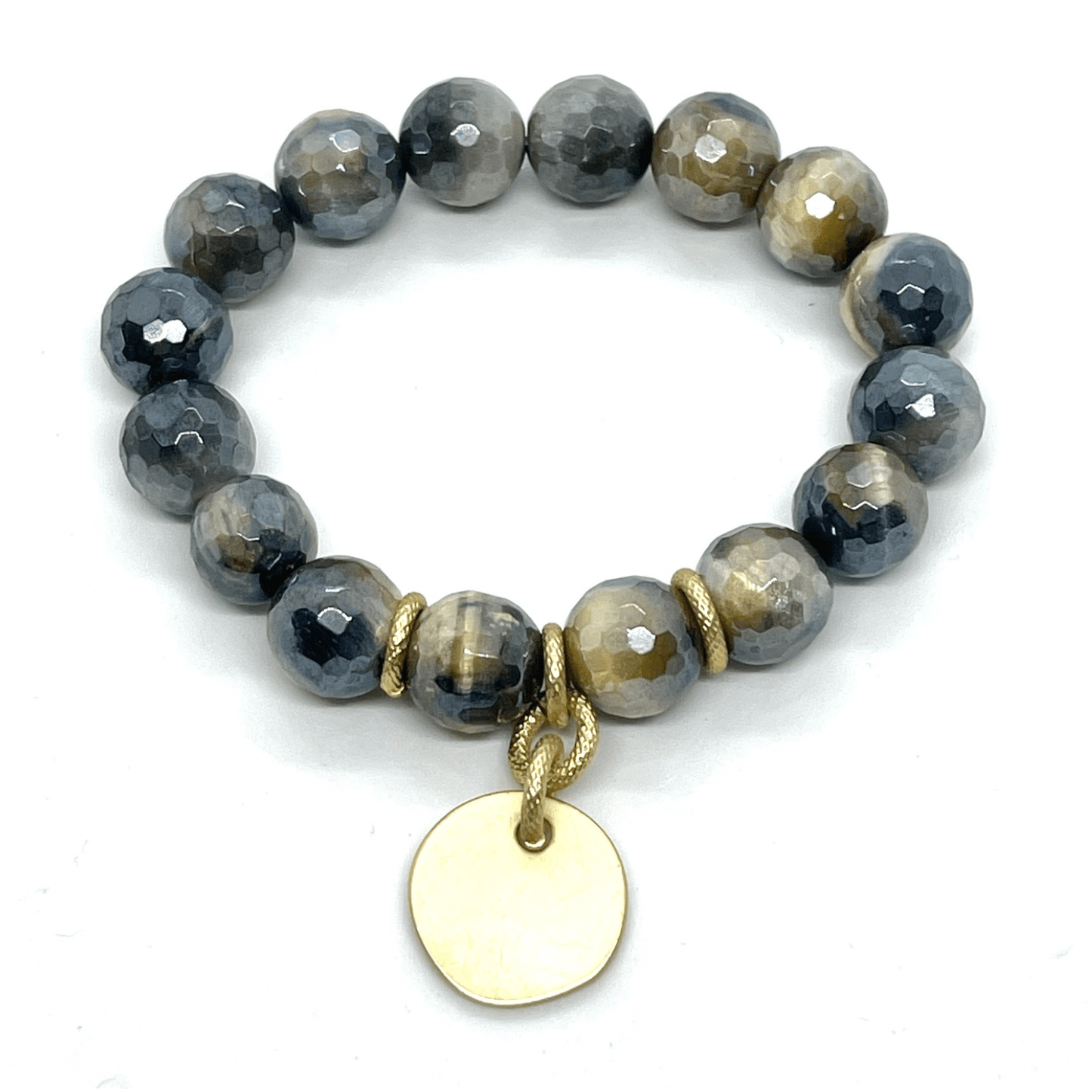 Blue Cream Tigers Eye Stretch Bracelet With Matte Gold Charm - DEBORAH GRIVAS - Banebrook Collections