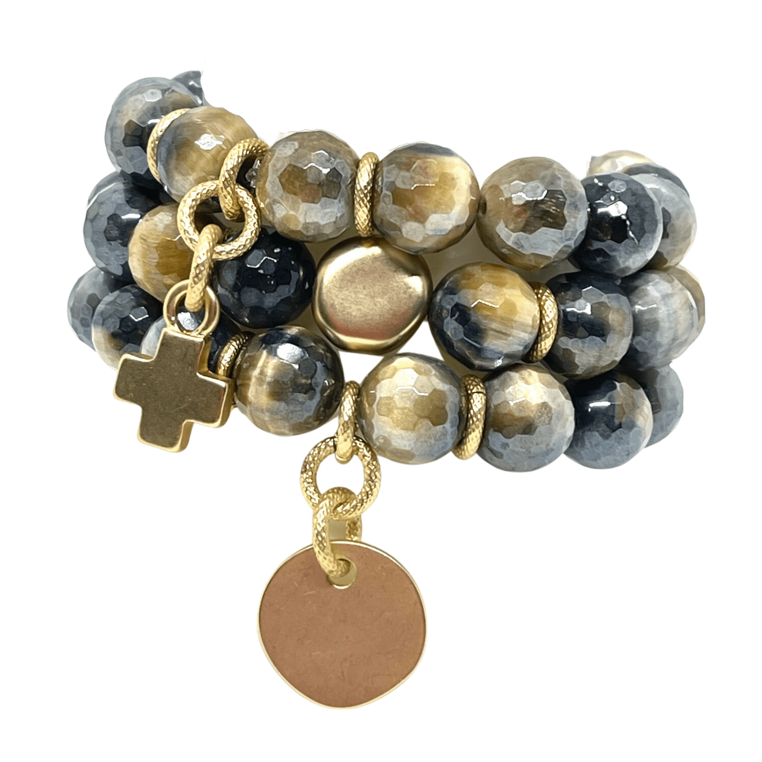 Blue Cream Tigers Eye Stretch Bracelet With Matte Gold Charm - DEBORAH GRIVAS - Banebrook Collections