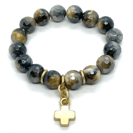 Blue Cream Tigers Eye Stretch Bracelet With Matte Gold Cross - DEBORAH GRIVAS - Banebrook Collections