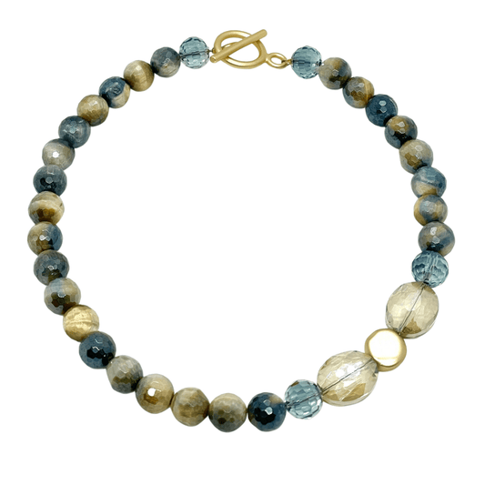 Blue Cream Tigers Eye With Champagne & Blue Crystal And Matte Gold Side Accents Necklace - DEBORAH GRIVAS - Banebrook Collections