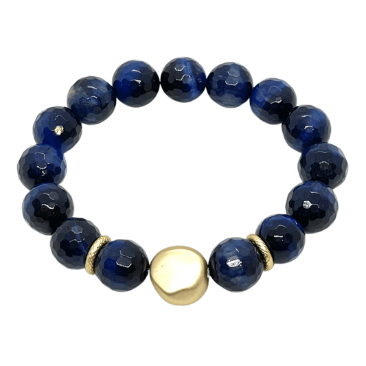 Blue Tigers Eye Stretch Bracelet With Matte Gold Flat Bead - DEBORAH GRIVAS - Banebrook Collections