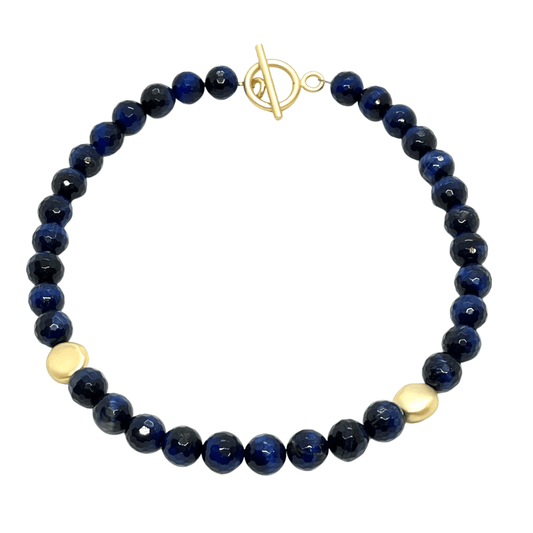 Blue Tigers Eye With Matte Gold Bead Accent Necklace - DEBORAH GRIVAS - Banebrook Collections