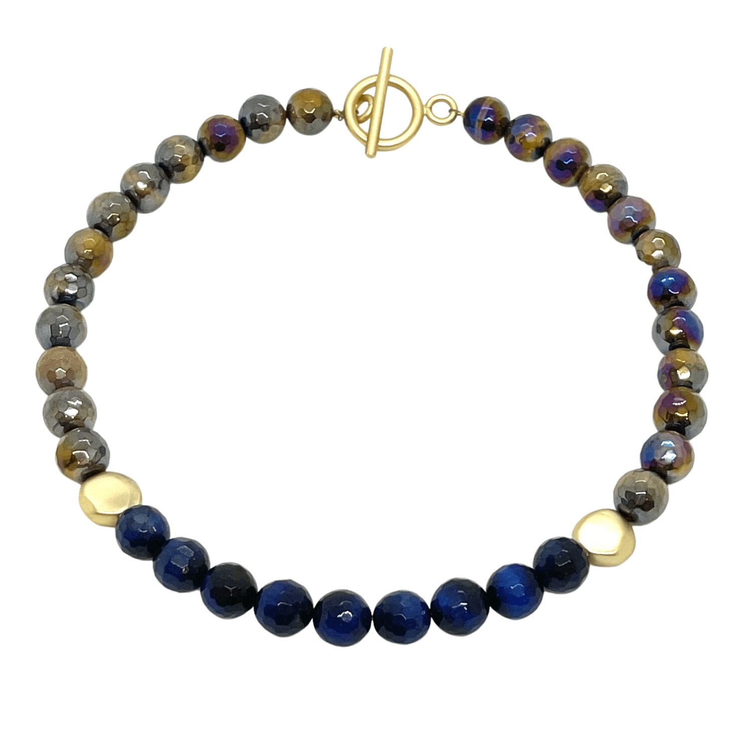 Brown Tigers Eye With Blue Tigers Eye And Gold Bead Front Accent Necklace - DEBORAH GRIVAS - Banebrook Collections