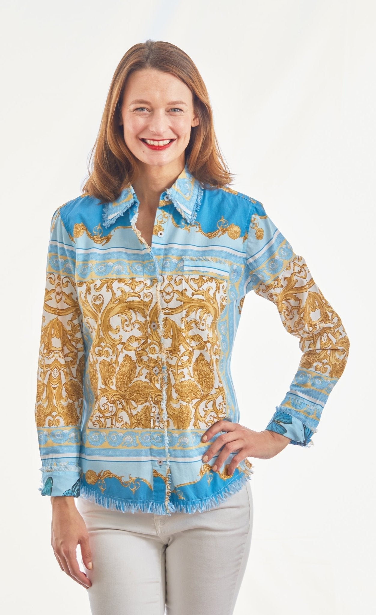 Cape Cod Top Blue And Gold Scroll Print - DIZZY LIZZIE - Banebrook Collections