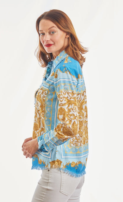 Cape Cod Top Blue And Gold Scroll Print - DIZZY LIZZIE - Banebrook Collections