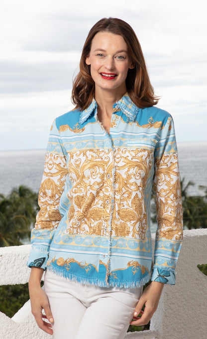 Cape Cod Top Blue And Gold Scroll Print - DIZZY LIZZIE - Banebrook Collections