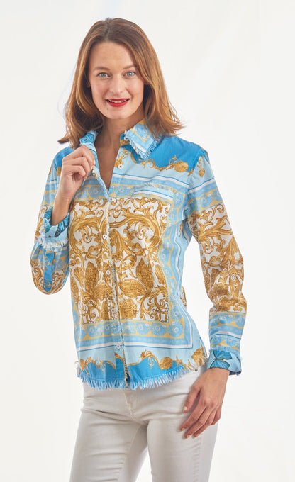 Cape Cod Top Blue And Gold Scroll Print - DIZZY LIZZIE - Banebrook Collections