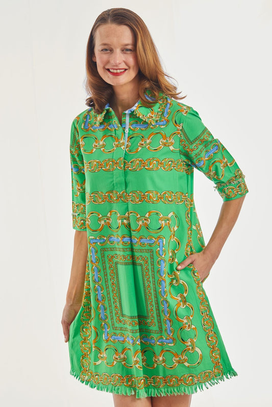 Chatham Dress Green Blue Link Print - DIZZY LIZZIE - Banebrook Collections