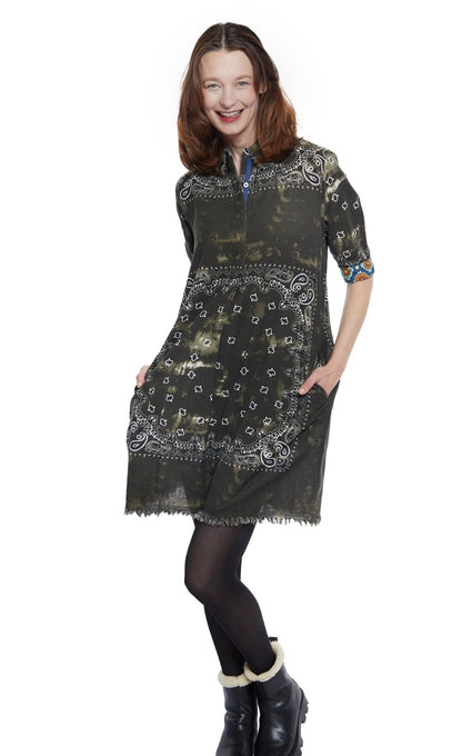 Chatham Dress Olive Green Bandana Print - DIZZY LIZZIE - Banebrook Collections