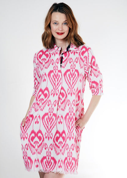 Chatham Dress Pink White Ikat - DIZZY LIZZIE - Banebrook Collections