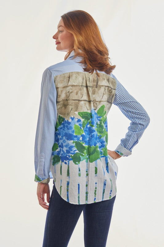 Chesapeake Top, Blue White Stripe With Motif On Back Of Picket Fence And Hydrangeas - DIZZY LIZZIE - Banebrook Collections