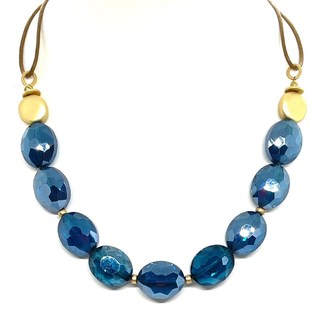 Teal Crystal And Flat Matte Gold Nugget Necklace On Bronze Linen