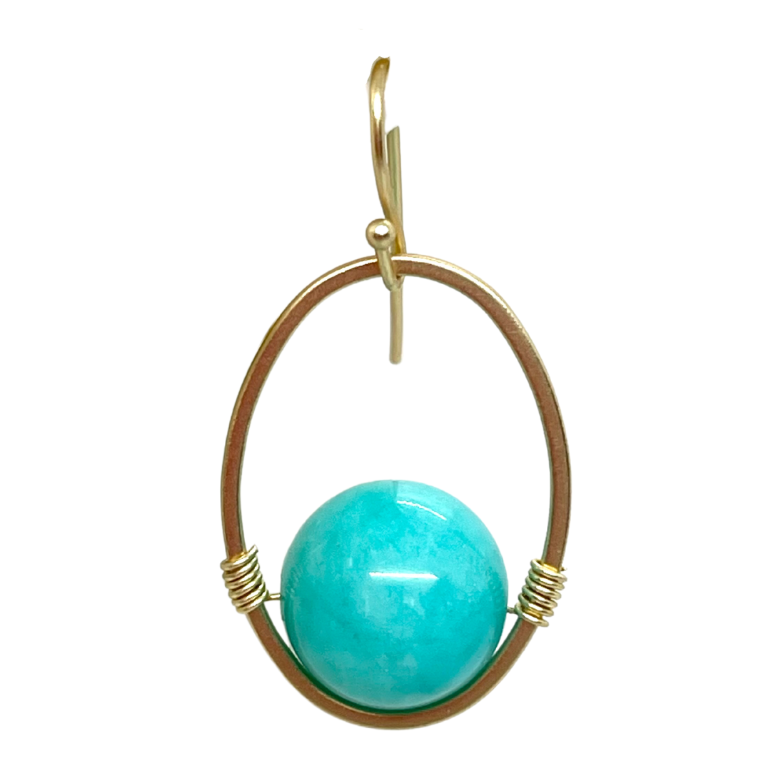 Turquoise Jade And Matte Gold Wire Wrap Oval Earrings