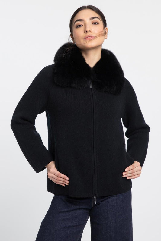 Fur Collar Zip Cardigan - KINROSS CASHMERE - Banebrook Collections