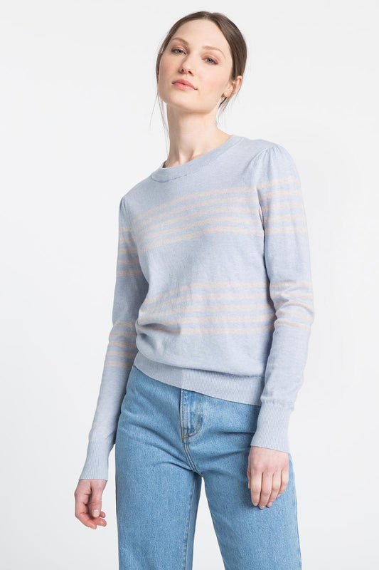 Gathered Sleeve Stripe Crew - KINROSS CASHMERE - Banebrook Collections