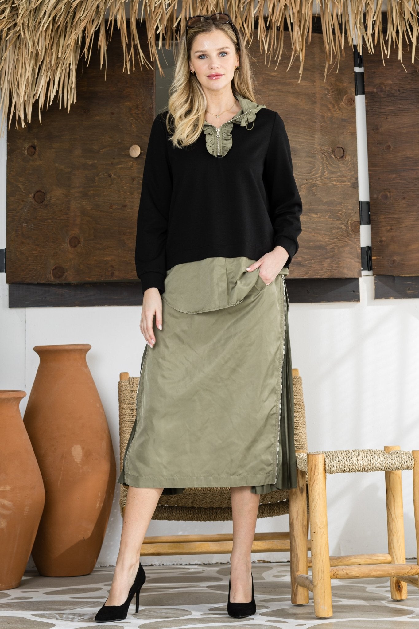 Jelani Skirt with Pleated Zipper Sides - JOH APPAREL - Banebrook Collections