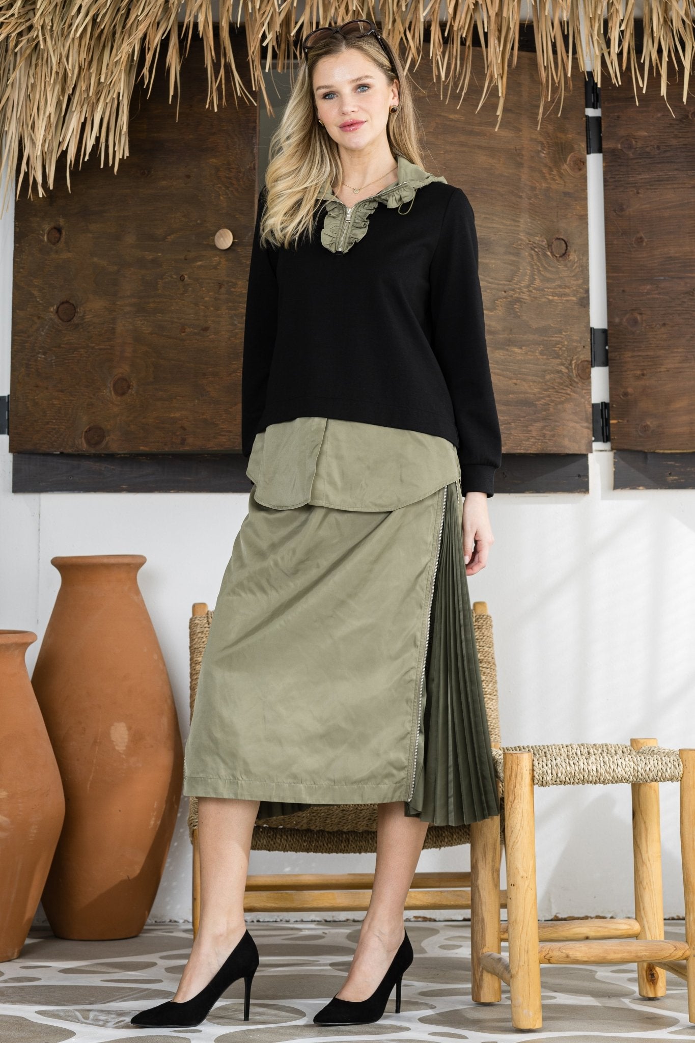 Jelani Skirt with Pleated Zipper Sides - JOH APPAREL - Banebrook Collections