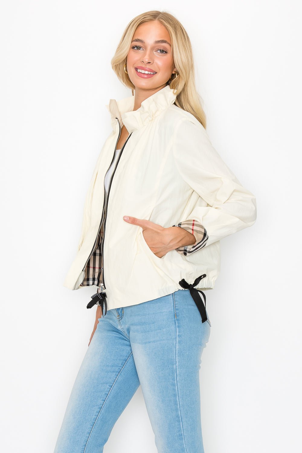 Jessica Woven Jacket With Plaid Inside Lining - JOH APPAREL - Banebrook Collections