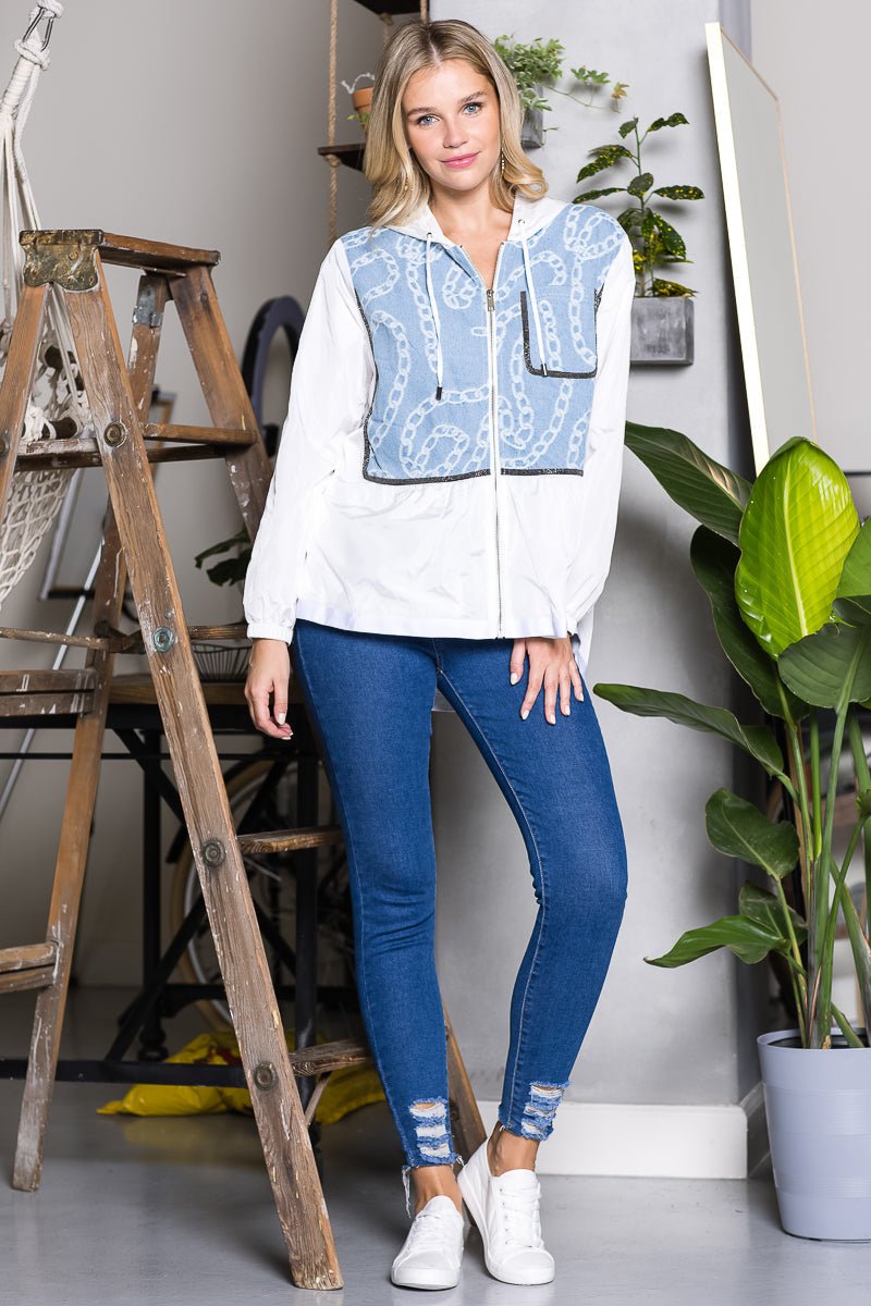 Joan Light Weight Jacket With Denim & Beading Trim - JOH APPAREL - Banebrook Collections