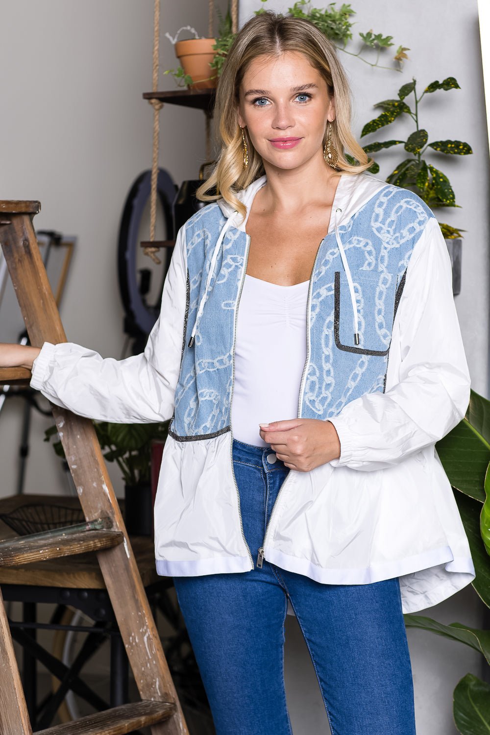 Joan Light Weight Jacket With Denim & Beading Trim - JOH APPAREL - Banebrook Collections