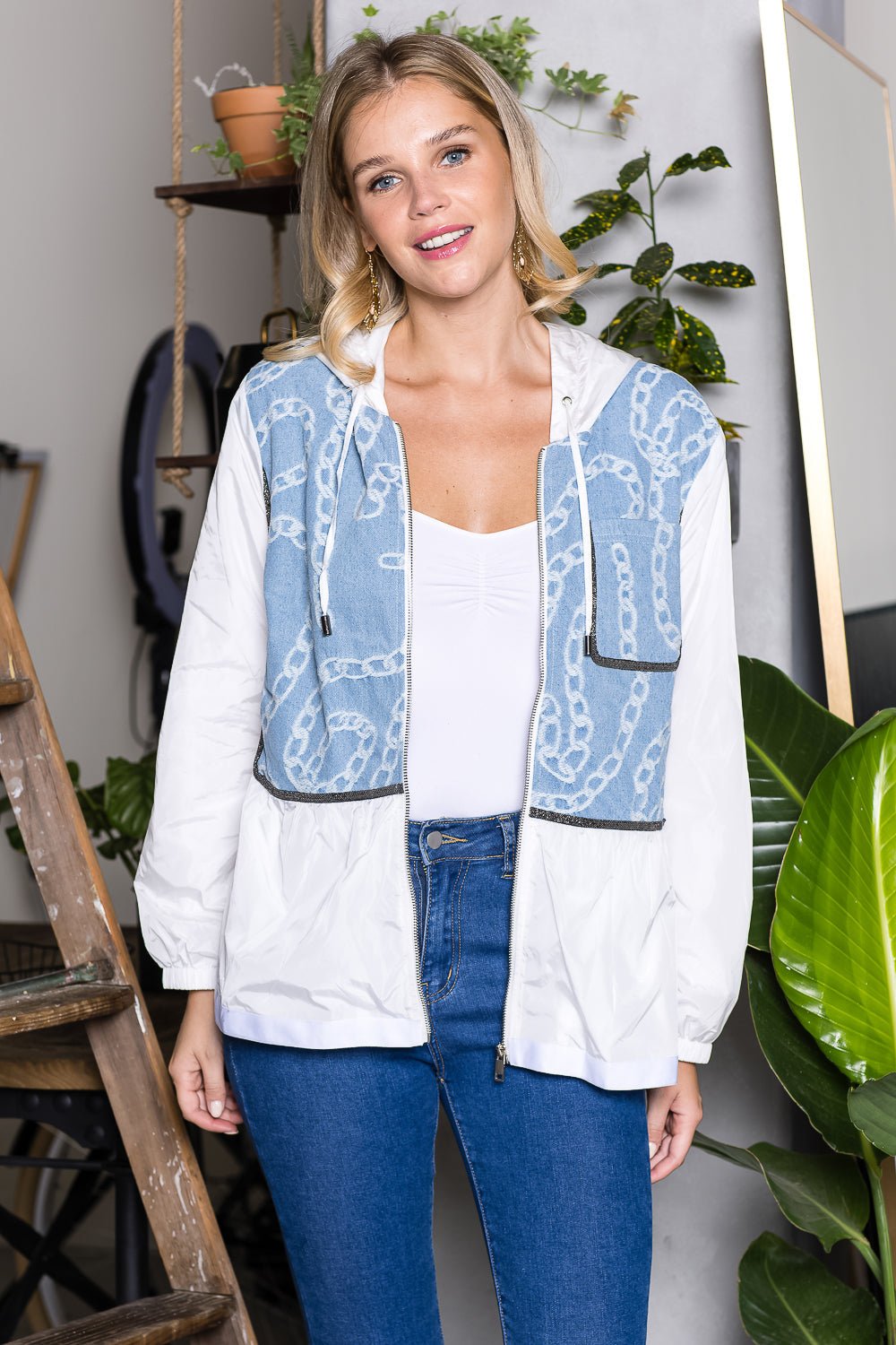 Joan Light Weight Jacket With Denim & Beading Trim - JOH APPAREL - Banebrook Collections