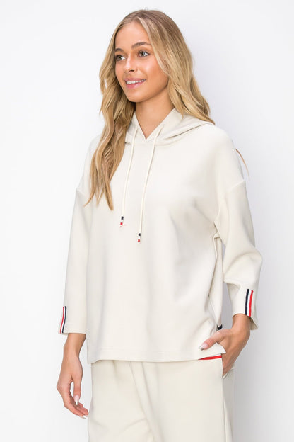 Khloe Knit Crepe Hoodie Top with Contrast Stripes - JOH APPAREL - Banebrook Collections