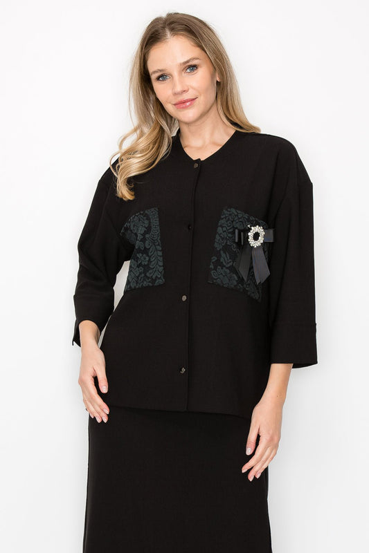 Kyle Crepe Knit with Detachable Ribbon Brooch - JOH APPAREL - Banebrook Collections