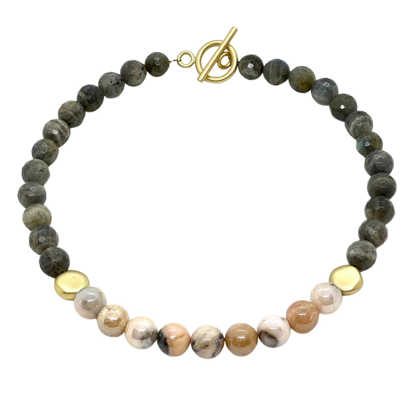 Natural Labradorite And Pink Opal Necklace With Matte Gold Accents