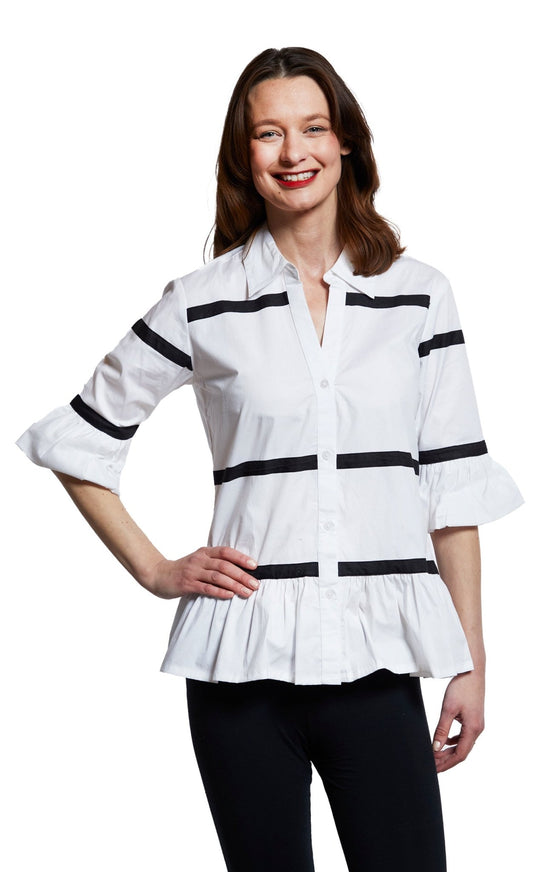 Lexington Peplum Top White With Ribbon Trim - DIZZY LIZZIE - Banebrook Collections