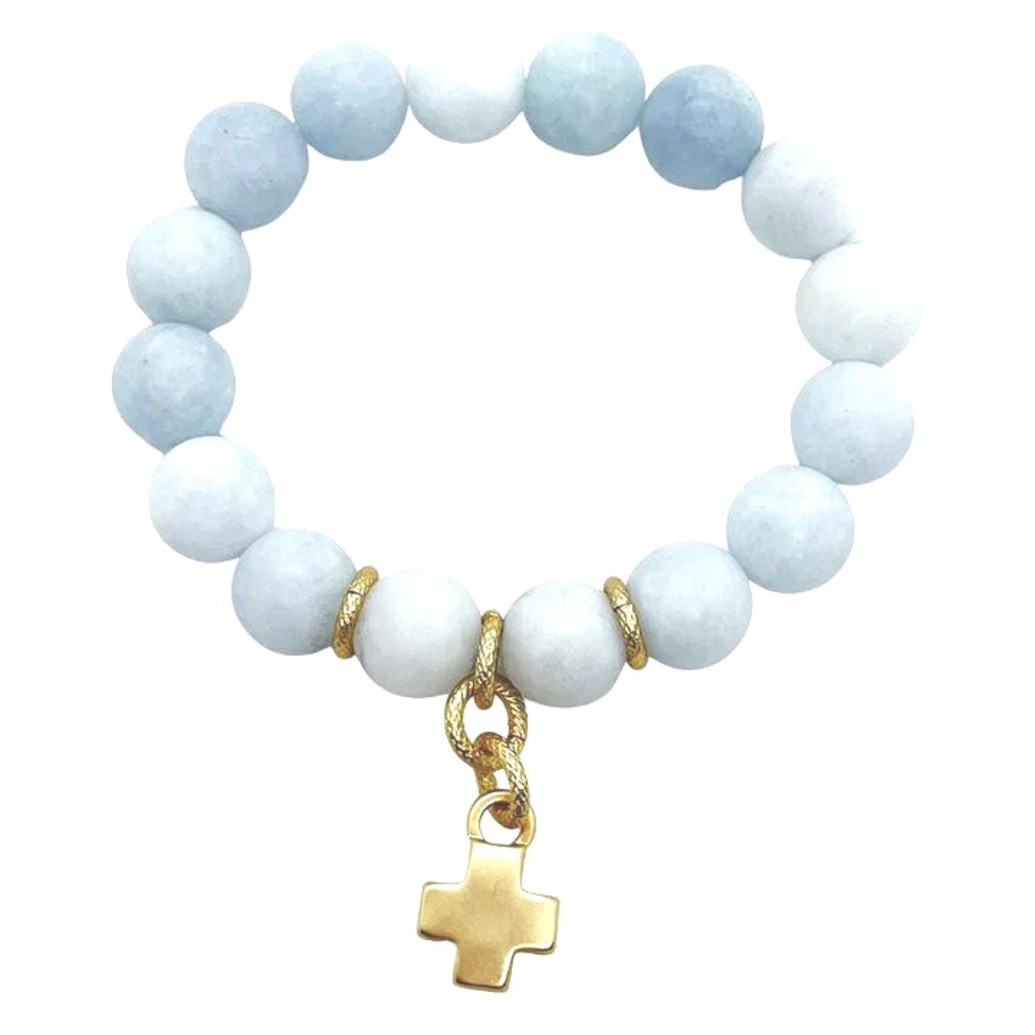 Matte Aquamarine Matte Gold Cross Charm Stretch Bracelet - DEBORAH GRIVAS - Banebrook Collections