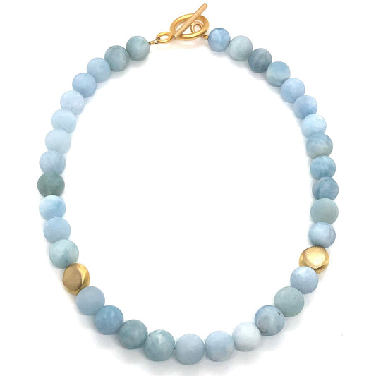 Matte Aquamarine With Matte Gold Flat Bead Necklace - DEBORAH GRIVAS - Banebrook Collections