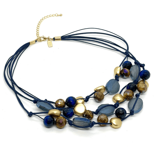 Matte Blue Crystal, Blue, And Brown Tigers Eye With Matte Gold Beads Torsade Necklace - DEBORAH GRIVAS - Banebrook Collections