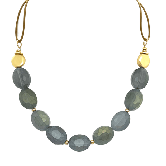 Matte Olive Crystal And Flat Matte Gold Nugget Necklace On Bronze Linen - DEBORAH GRIVAS - Banebrook Collections