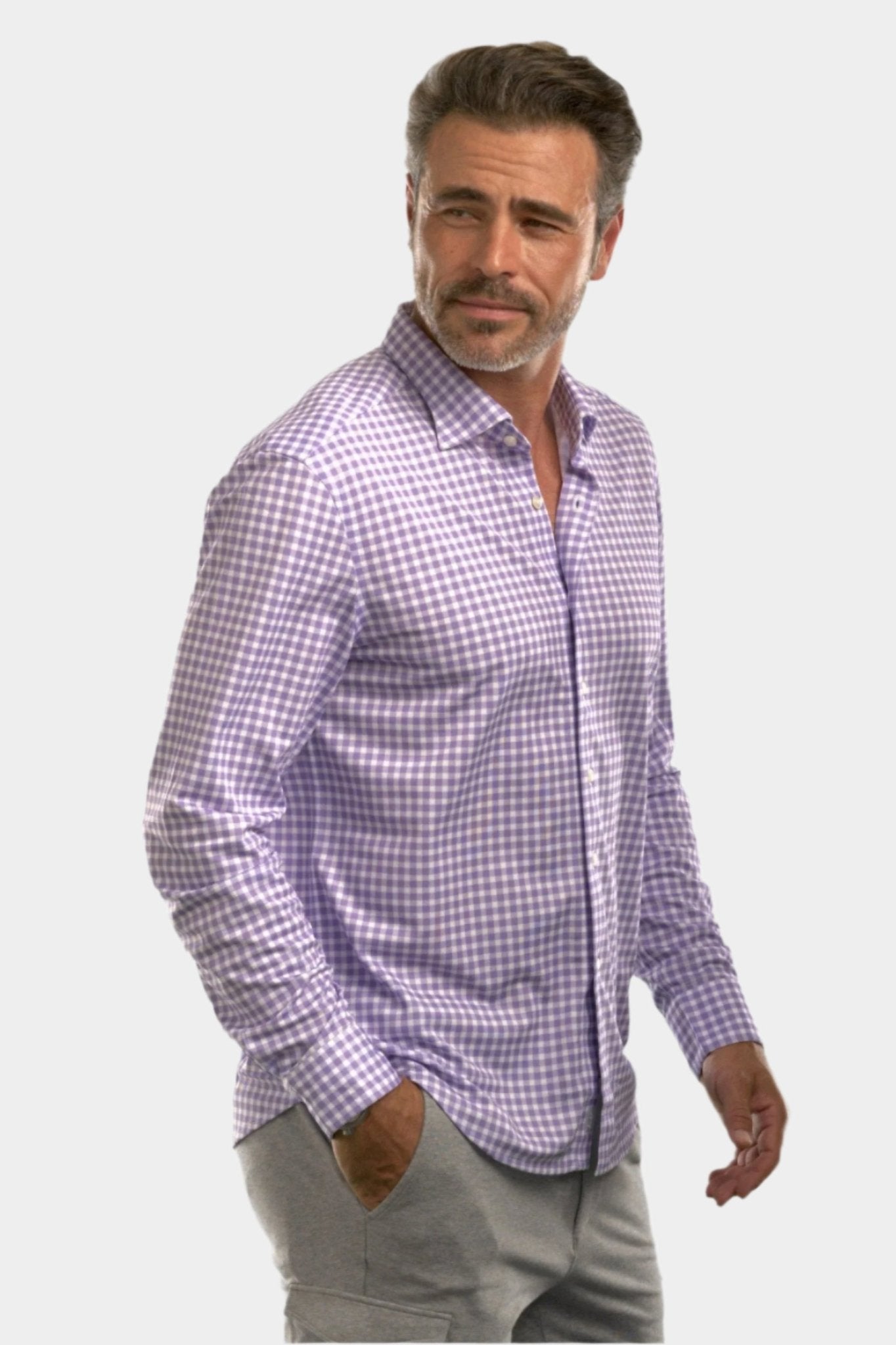 Mauro Long Sleeve Check Tech Shirt - Lavender - BUKI - Banebrook Collections