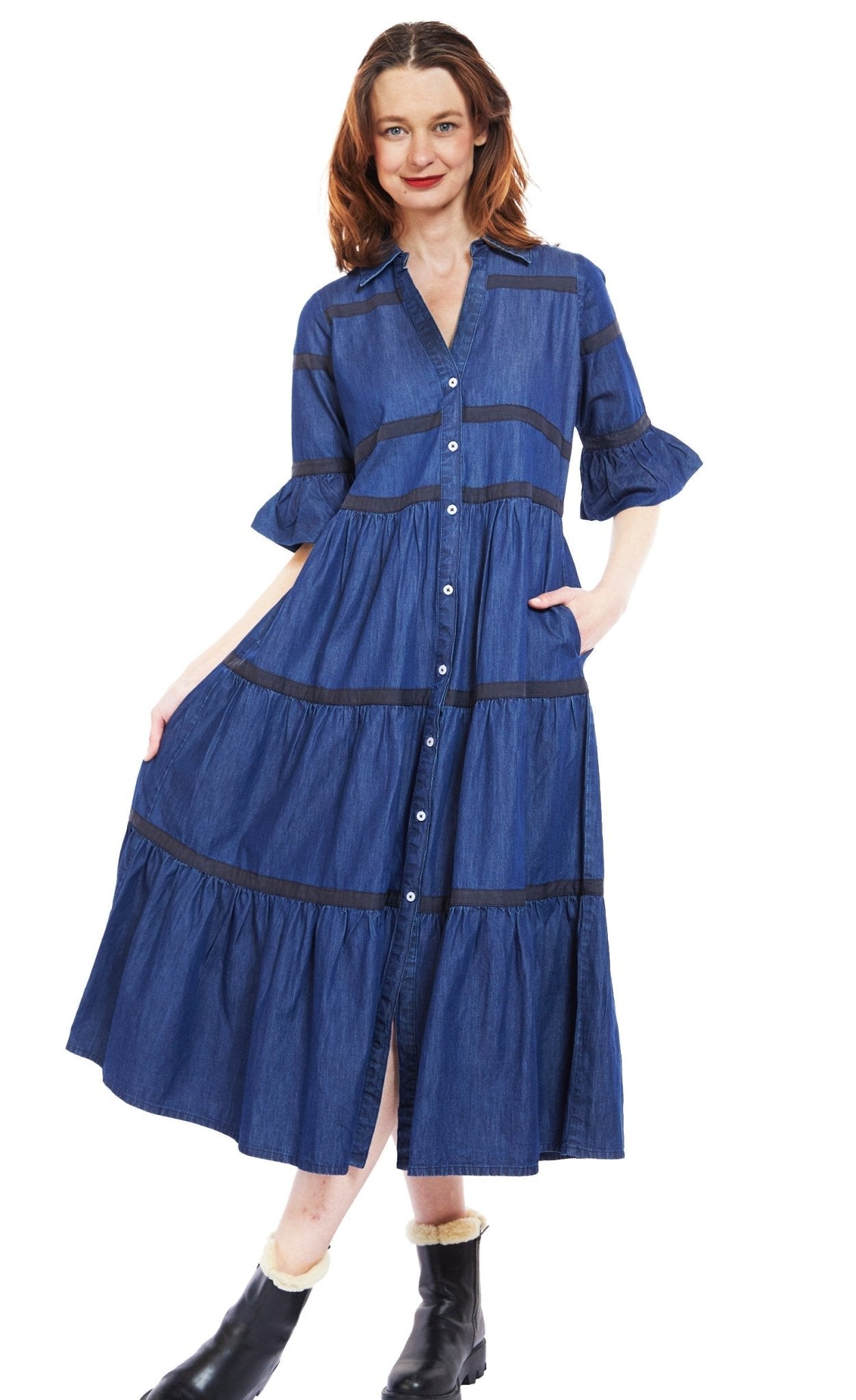 Miami Dress In Denim With Black Ribbon Trim - DIZZY LIZZIE - Banebrook Collections