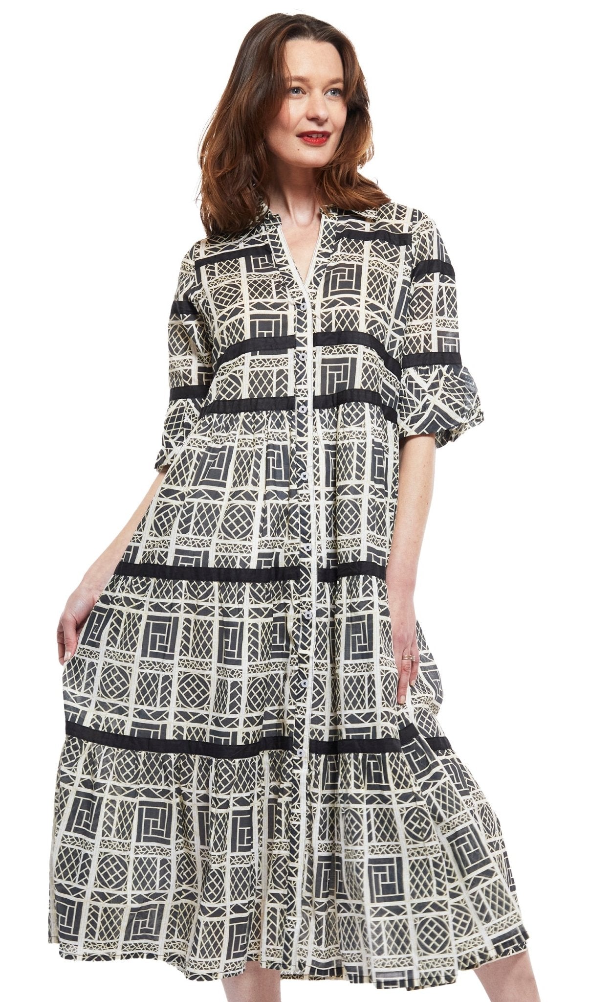 Miami Style Midi W Flounce And Blk Ribbons, Blk Wht Wicker - DIZZY LIZZIE - Banebrook Collections